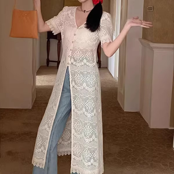 New Chinese-Style Buttoned Hollow-Out Knit Dress, Summer 2025 New Design, Long Sun-Protective Cardigan Dress for Outerwear