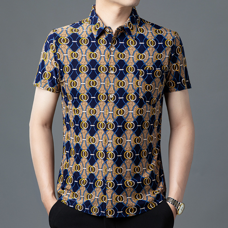 2026 Summer Thin Short-Sleeved Shirt for Men, Ice Silk Lapel Floral Shirt, Breathable, Non-Iron, Printed Half-Sleeved Top for Middle-Aged Men