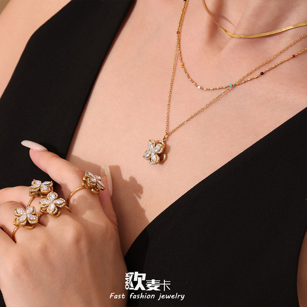 Omaca Rotating Super Flash Zircon Four-Petal Flower Necklace Ring Earrings Ins Fashion Elegant Titanium Steel 18K Gold Set