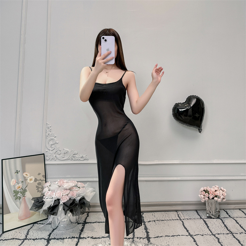 Suspender dress transparent pajamas sexy lingerie women's sexy pure desire nightdress mesh beautiful perspective passion split