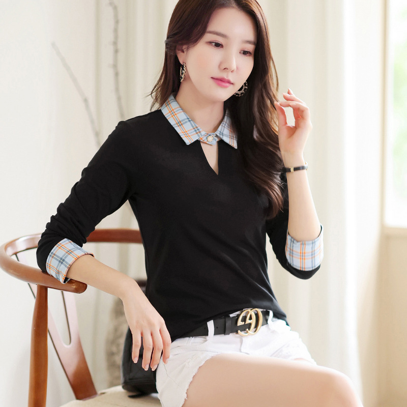 Big Sale Spring Long-Sleeved T-Shirt Women's Plaid Shirt Lapel Contrasting Elegant Sweet Versatile Korean Style T-Shirt 7309
