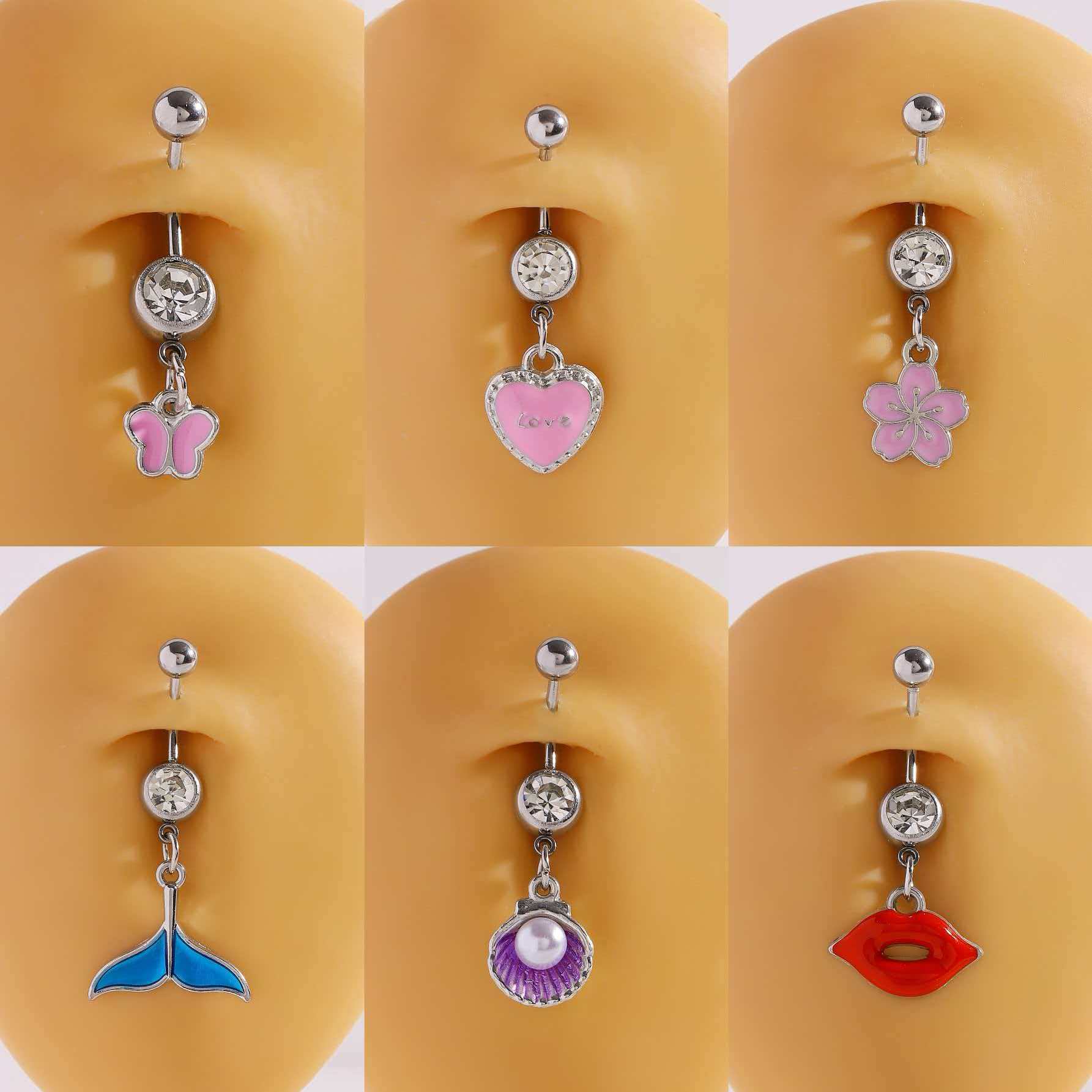 Cross-Border Stainless Steel Belly Button Ring with Butterfly, Heart, and Flower Pendants, European and American Style Personalized Navel Piercing Jewelry