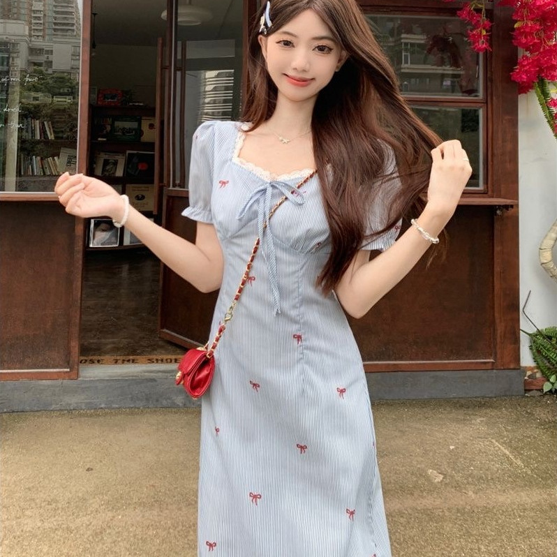 Fresh and Simple Striped Bowknot Puff Sleeve Dress, New Summer Style Lace Patchwork Waist-Cinching Slimming A-Line Long Dress