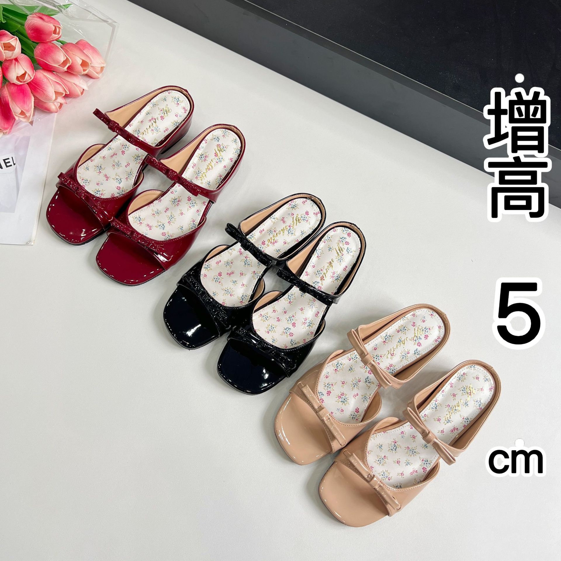 Increased 5cm Bow Strap Slippers for Women to Wear Outside in Summer with Skirts Pastoral Style Floral Bottom Open Toe Sandals