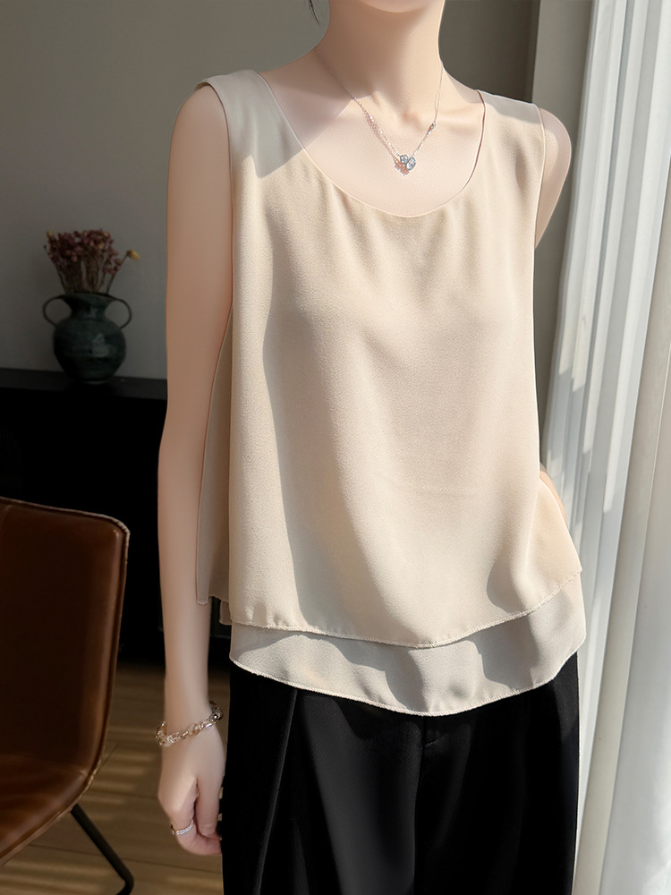 Georgette Round-Neck Camisole for Women, Double-Layered Ruffled Satin Cool Breathable Sleeveless Top for Summer Wear