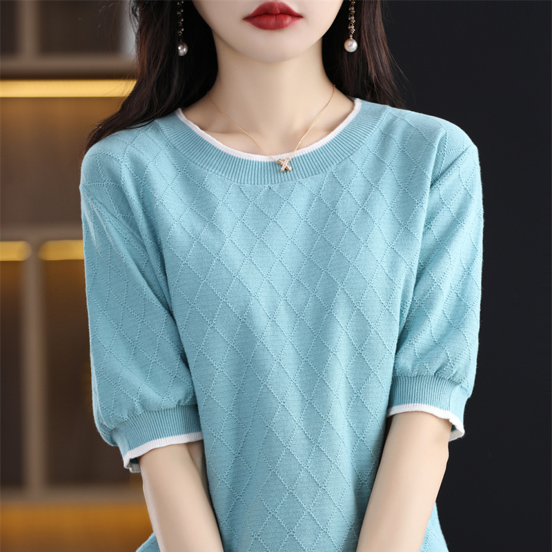 100 Cotton Knitted Short-sleeved Women's Round Neck Color-matching Diamond Half-sleeved Summer Loose Slimming Pullover Thin Base T-shirt