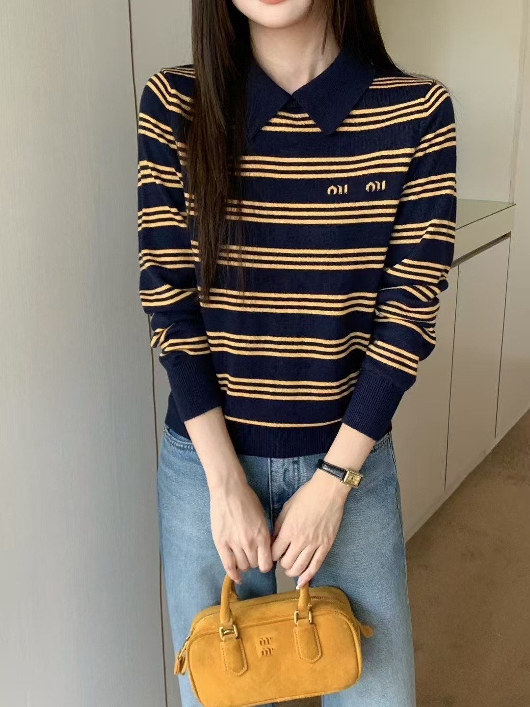 High-End mm Fashion Youthful Girl 25 Retro Old Money Style Striped Letter Jacquard Long-Sleeve Collared Knit Sweater for Women