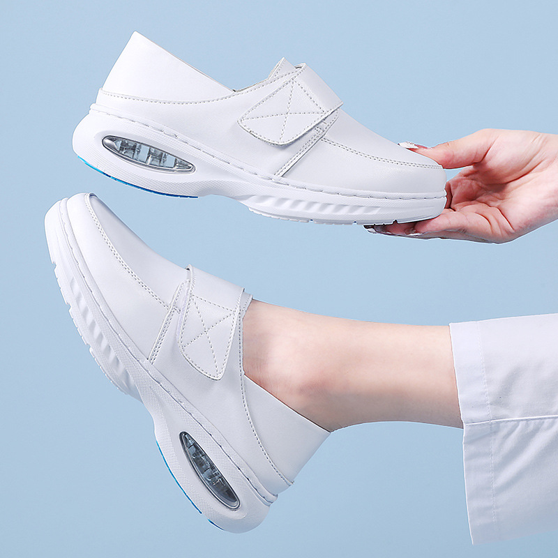 Customized Autumn and Winter Nurse Shoes Air Cushion Soft Sole Breathable Non-Tiring Feet Genuine Leather Velcro Flats Non-Slip Hospital Work Shoes