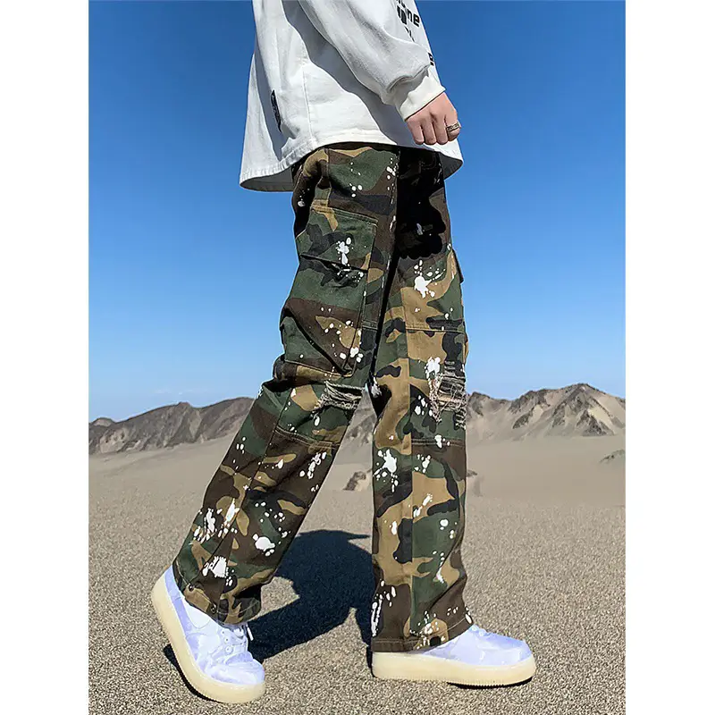 vibe national fashion High Street overalls men's large pocket splash-ink camouflage pants hiphop trousers button straight trousers