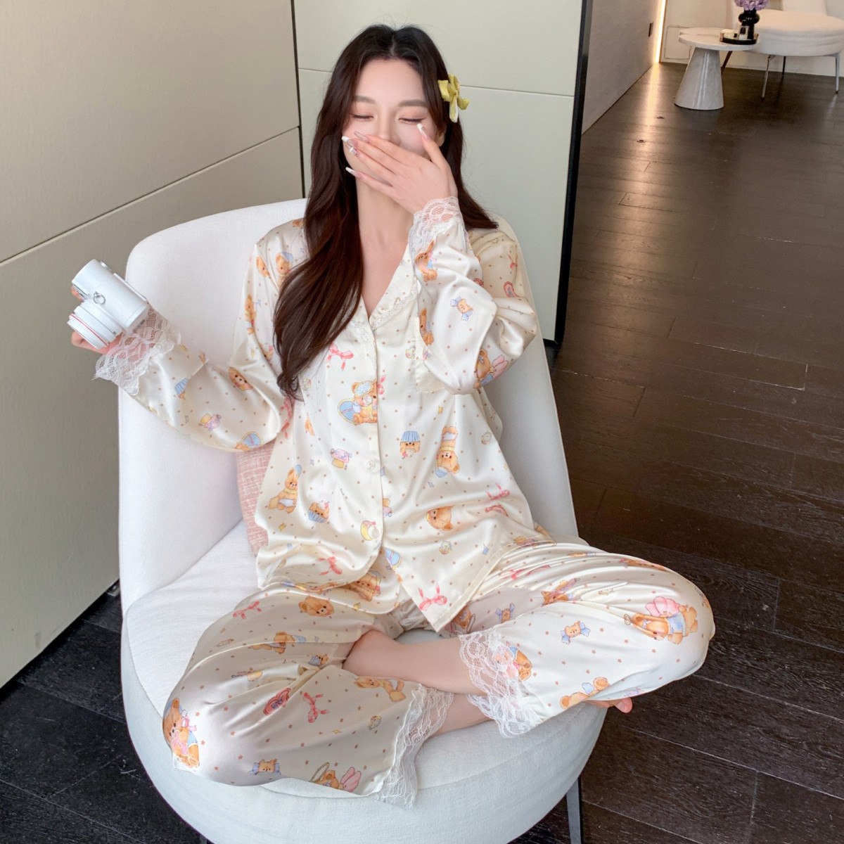 [Bubble Bath Bear] 2026 Spring New Product Long-Sleeved Pajamas for Women Sweet Cartoon Lace Collar Home Clothes