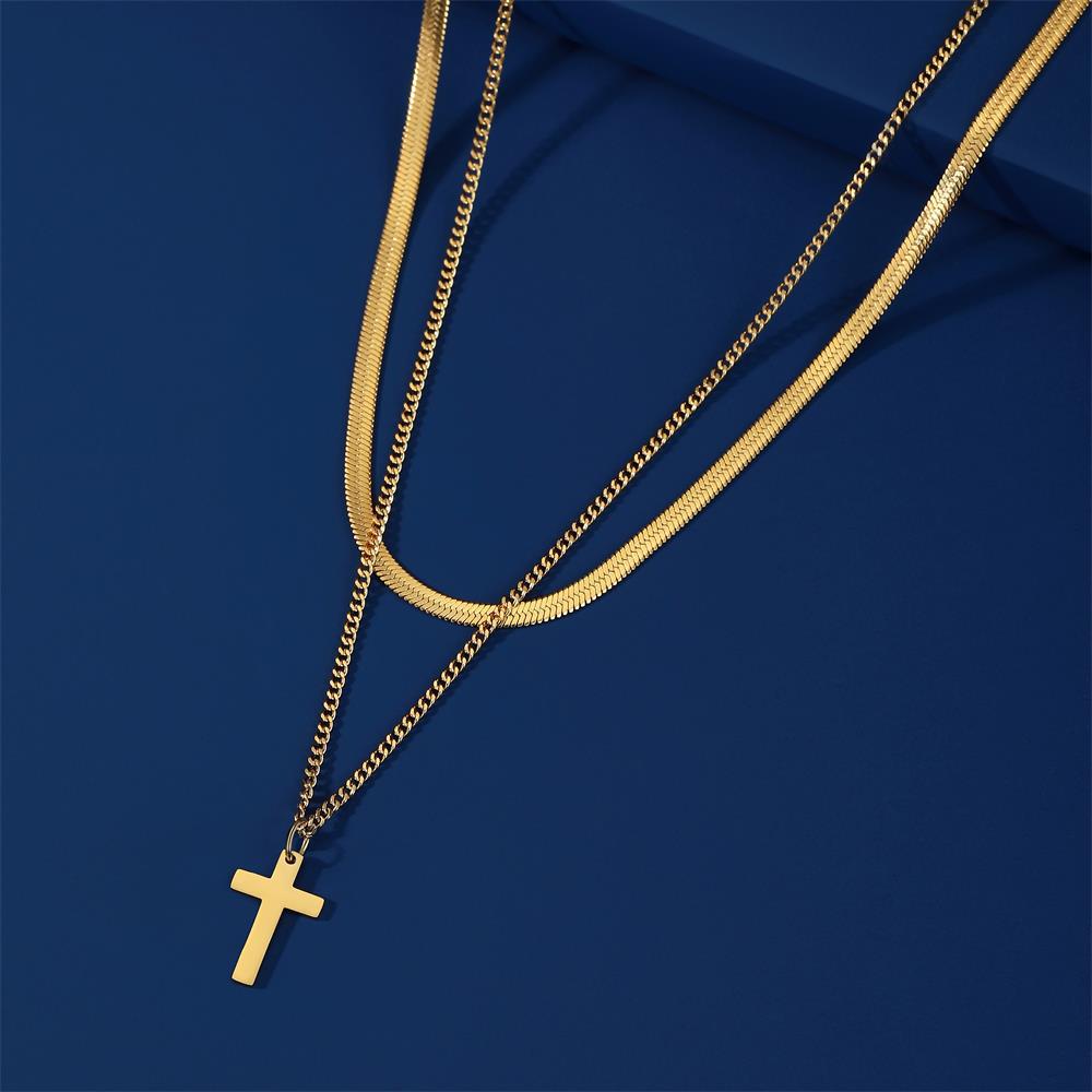 European and American Cross-border Exquisite Simple Stainless Steel Snake Bone Chain Temperament Baita Ladies Stainless Steel Double-layer Cross Necklace