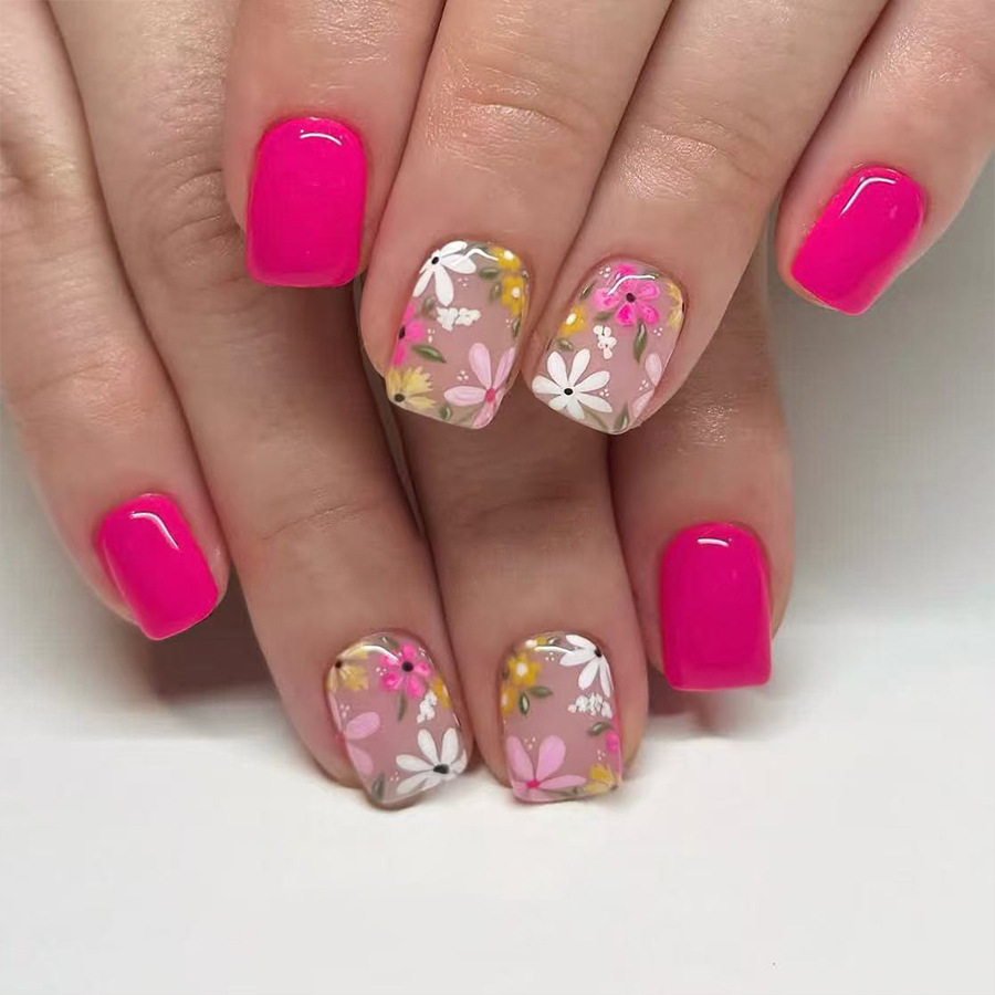 Short Glossy Square Nails, European and American Cross-Border Spring Style, Rose Red Color with Contrasting Small Floral Designs, Sweet Wearable Nails, 24 Pieces