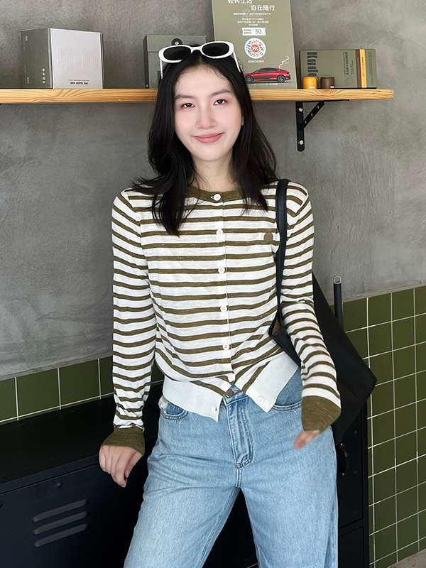 2025 New Autum Sw Home Linen Blended Stripesd Knitted Cardigan Women's Loose Casual Contrast Top Jacket