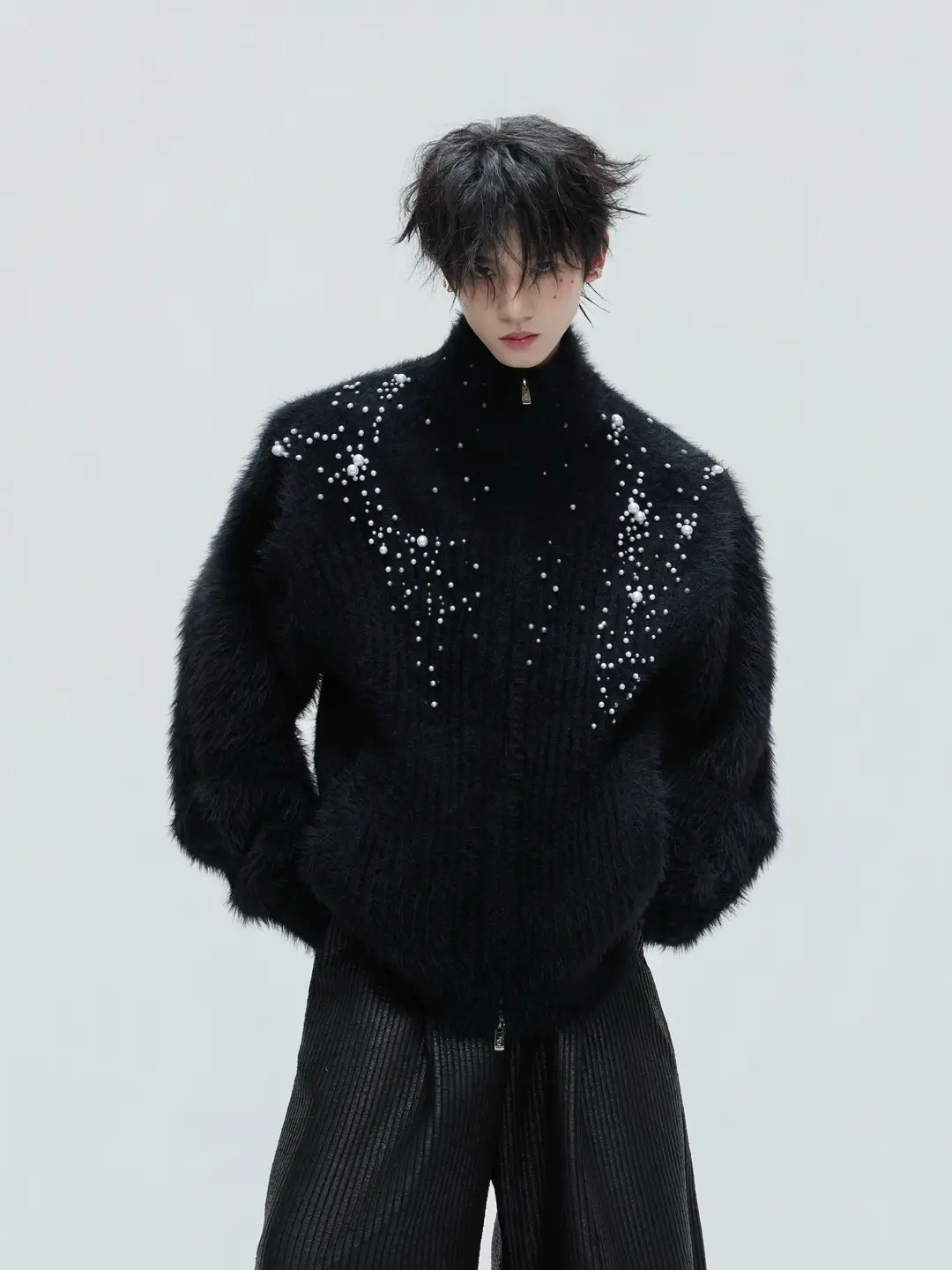 ArguE CulturE Shadow Yi * High neck plush pearl embellished sweater cardigan, luxurious and thick knit sweater