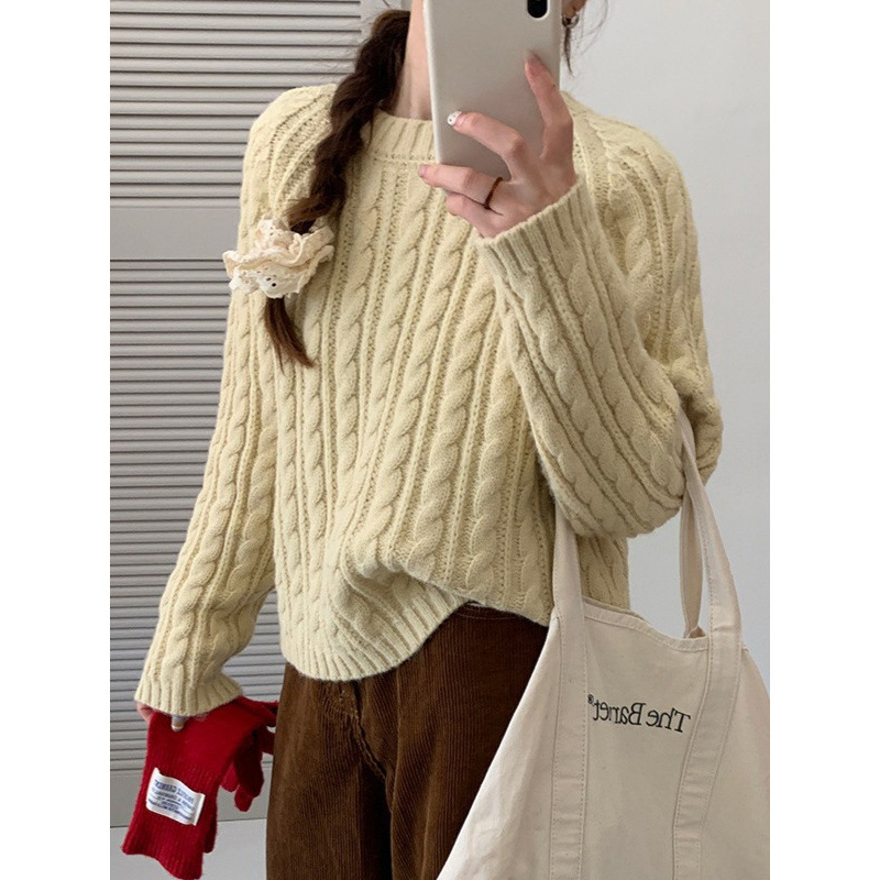 Kaning Korean Style Pure Color Round Neck Twist Knit Sweater for Women 2026 Autumn and Winter New Style Lazy Style Age-Reducing Knitwear for Women