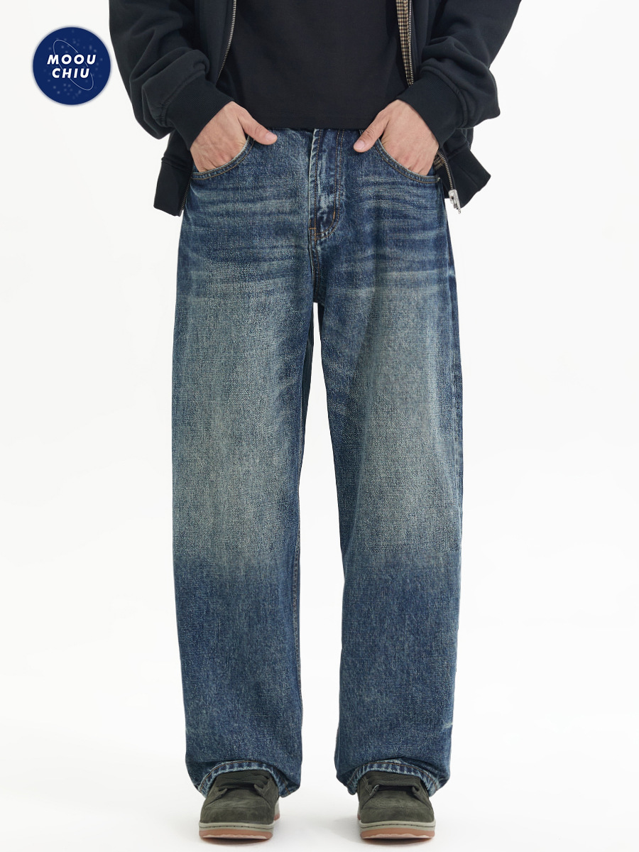 Muqiu Men's Clothing | 2025 Autumn New Trendy Japanese Retro Washed Denim Men's Straight Wide-Leg Pants