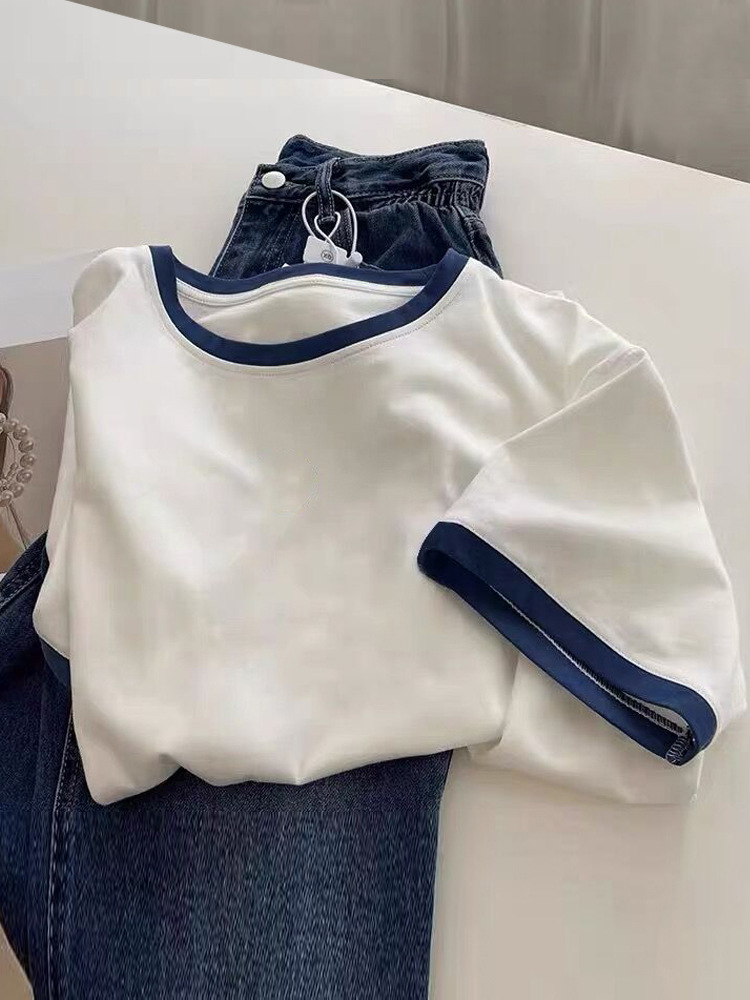 40 cotton back bag collar T-shirt women's short sleeve summer new stitching contrast color cuffs small fresh school style top