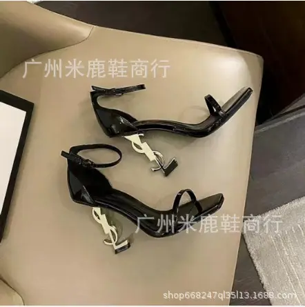 2023YS Forest Same Style Black Lacquer Leather Sexy One Word with Metal Letter Heels Sandals Ladies' Style