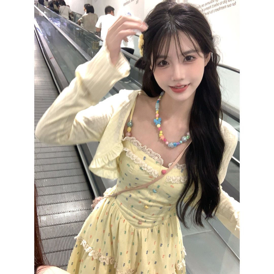 Candy Sweetheart French Gentle Style Long Skirt for Women Summer Waist Slimming Look Lace Splicing Sweet Suspender Dress for Women
