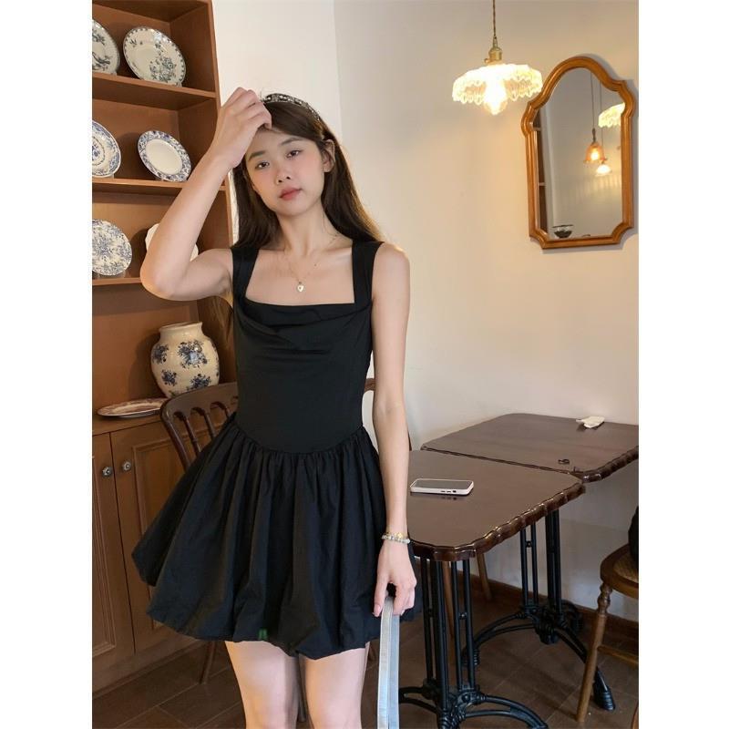 Hot Girl Black Suspender Dress for Women in Summer, High-End Sexy Waist Slimming Princess Tutu Skirt for Small People
