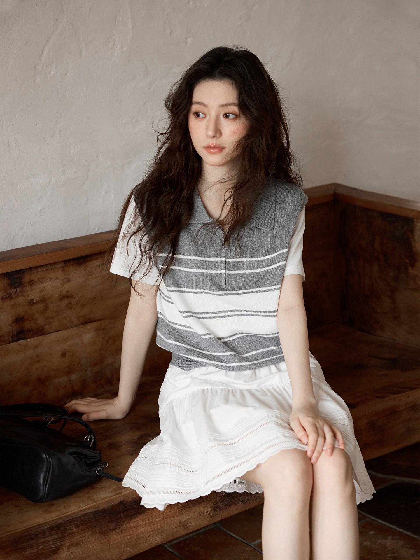 Ximeng 2026 New Spring Korean-Style Elegant Top, Niche Design, Faux Two-Piece, Half-Zip Gray and White Striped Knit Sweater for Women