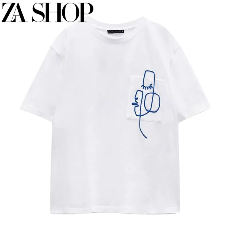 Summer New Loose and Versatile Casual Embroidered Decorative Round Neck Short-Sleeved T-Shirt for Women 0085824
