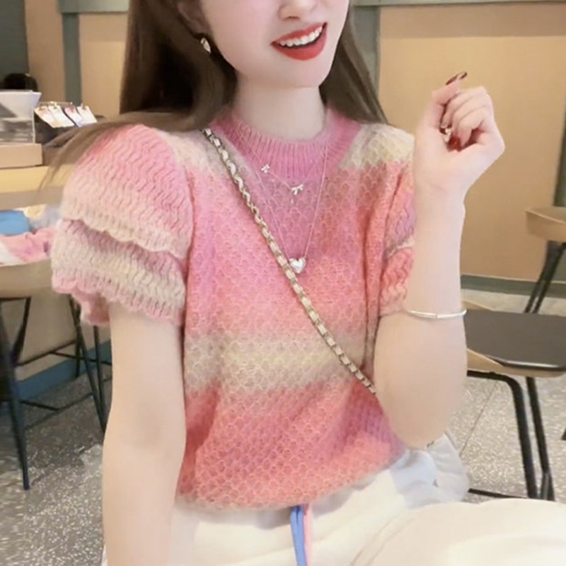 Thin Style 2026 Spring/Summer Round Neck Versatile Soft Gradient Color T-Shirt Short-Sleeve Top Rainbow Striped Knitwear for Women