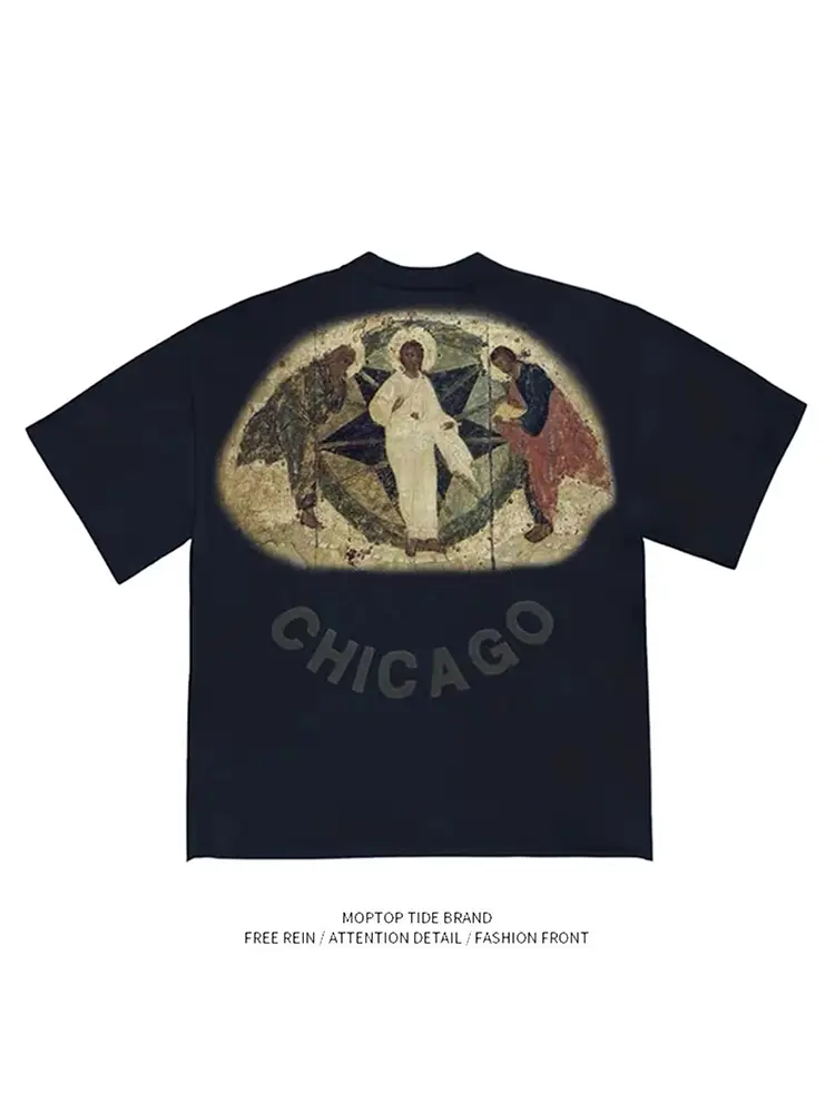 Mr. WH American Street Retro Trendy hip hop Print short sleeve men's Trendy Fashion t Loose ins tide