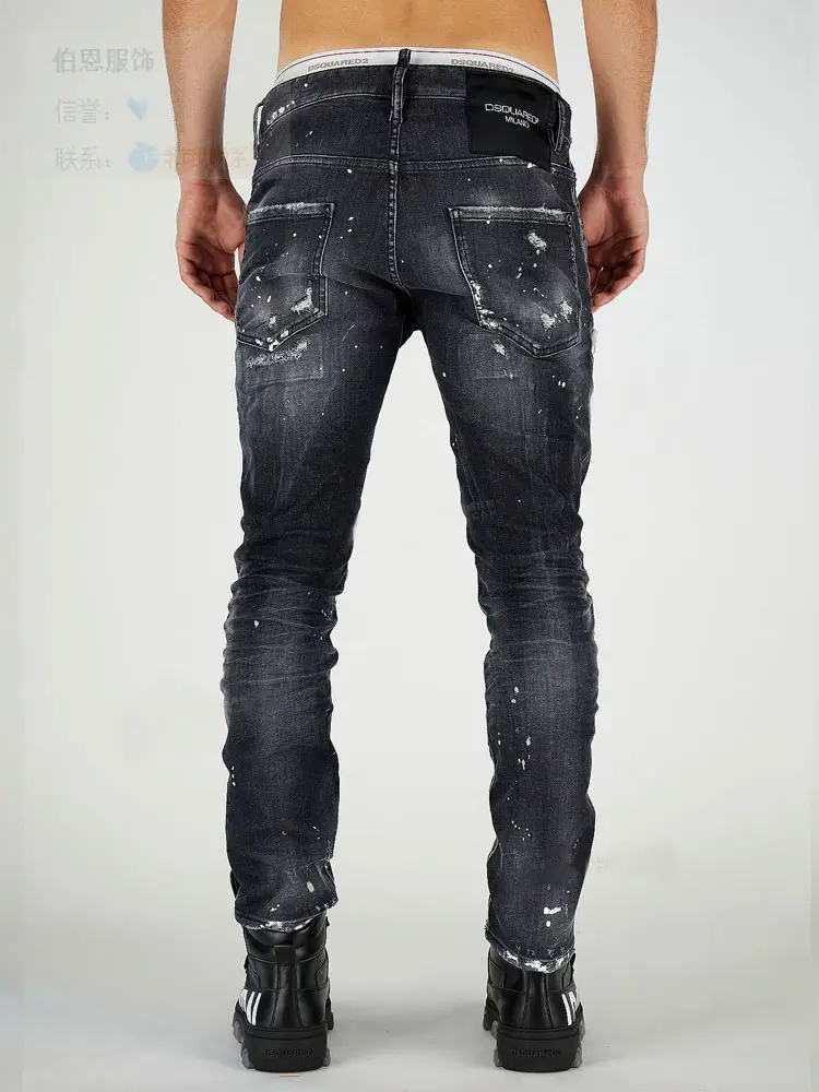New New arrival All Year Round Denim Men's D2 Elastic silm pants Dsq2 European Station Heavy Craft Zipper Decoration Trend
