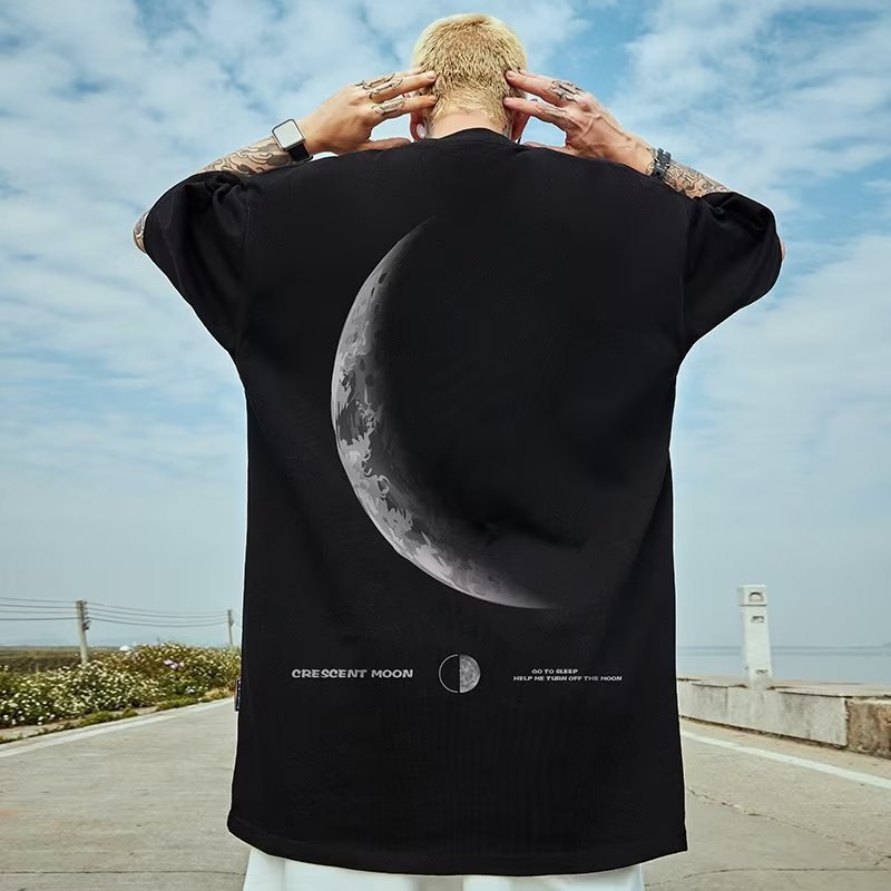 American-Style Short-Sleeve T-Shirt for Men, Round Neck, Summer Crescent Moon Design, Trendy Loose Fit, Plus-Size Half-Sleeve Tee, Size 8XL