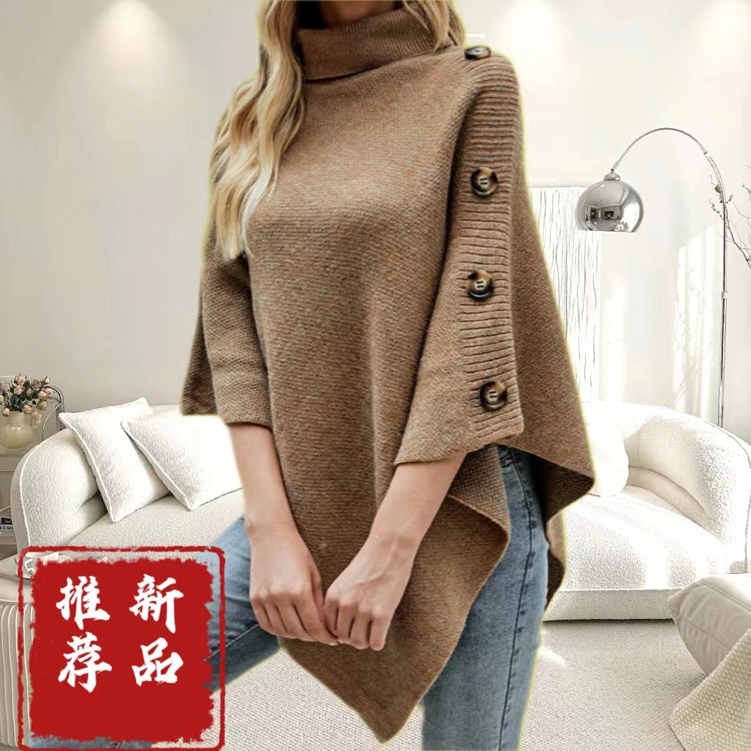 Autumn and Winter New Pure Color Turtleneck Shawl Amazon European and American Cross-Border Cloak Slit Knitwear Knitwear Women's Outwear