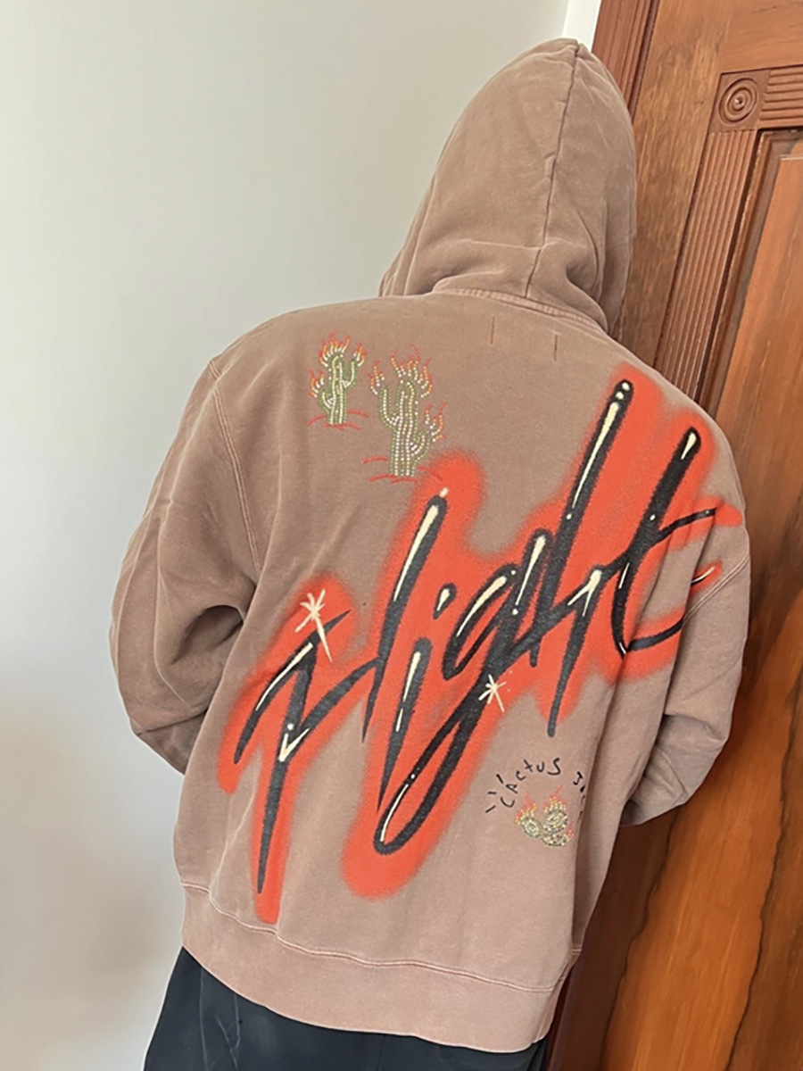Cross-Border Trendy Brand Travis Scott Co-Branded Pattern Printed Hooded Drawstring Pullover Fleece-Lined Sweatshirt