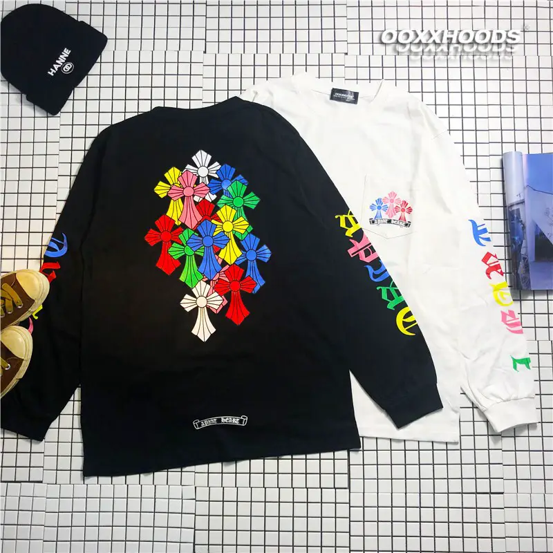 Colorful Colorful World Cross Multi Logo Flower Arm Printed Base Tee Loose Oversize Trendy Long Sleeve T-shirt