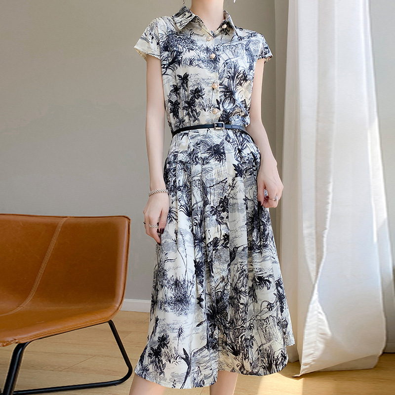 Dress POLO skirt women's summer acetate satin loose casual skirt tight waist mid-length elegant slimming dress