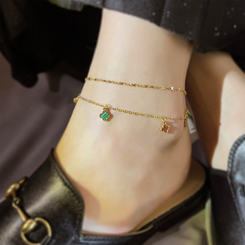Korean Style Internet Celebrity Color Four-leaf Clover Anklet Women's Sexy Personalized Foot Bare Chain Titanium Steel Color-free Student Jewelry