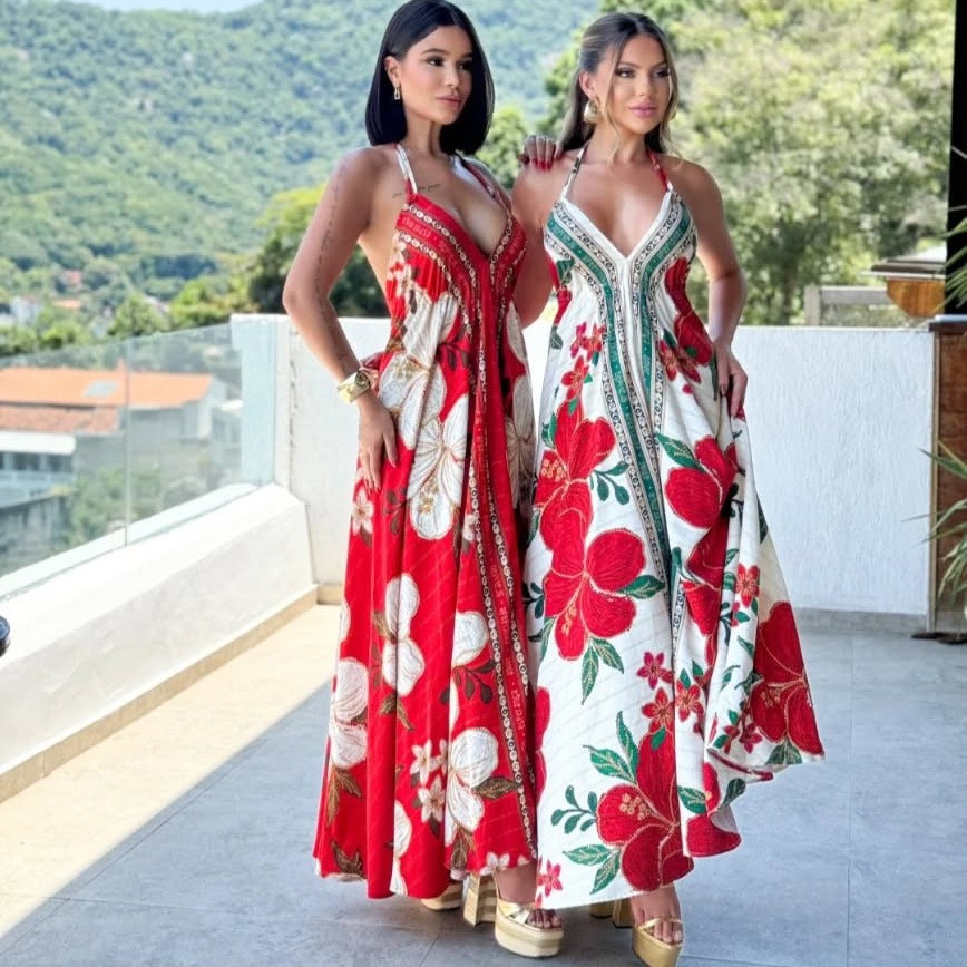 2025 New Spring and Summer Shoulder V-neck Women's Sling Printed Fairy Style Long Elegant Dress with Large dress