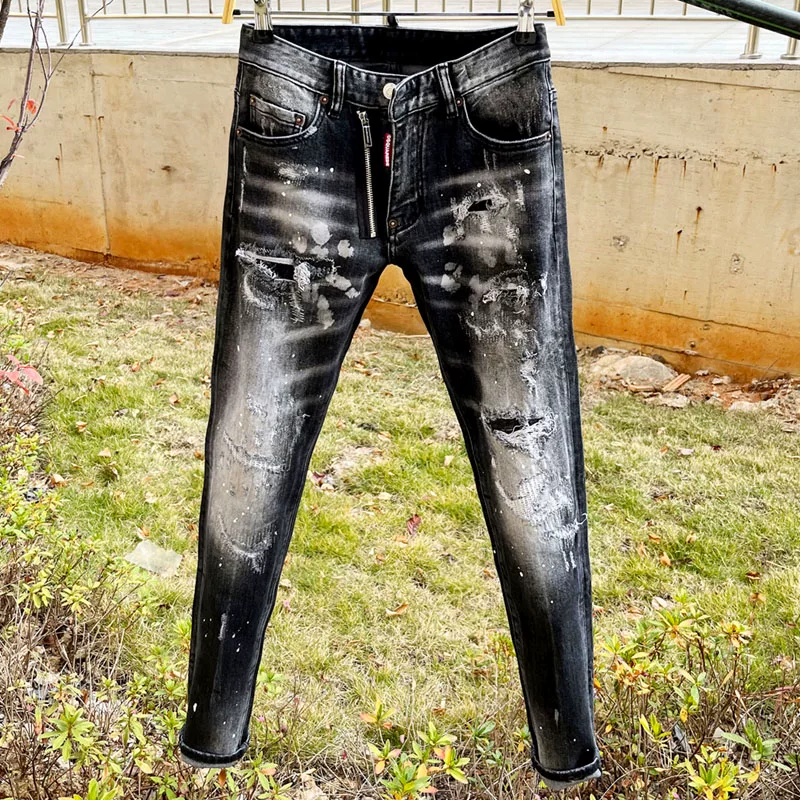New D2 jeans men's dsquare elastic slim fit pants with heavy craftsmanship zipper European station 25 autumn and winter seasons