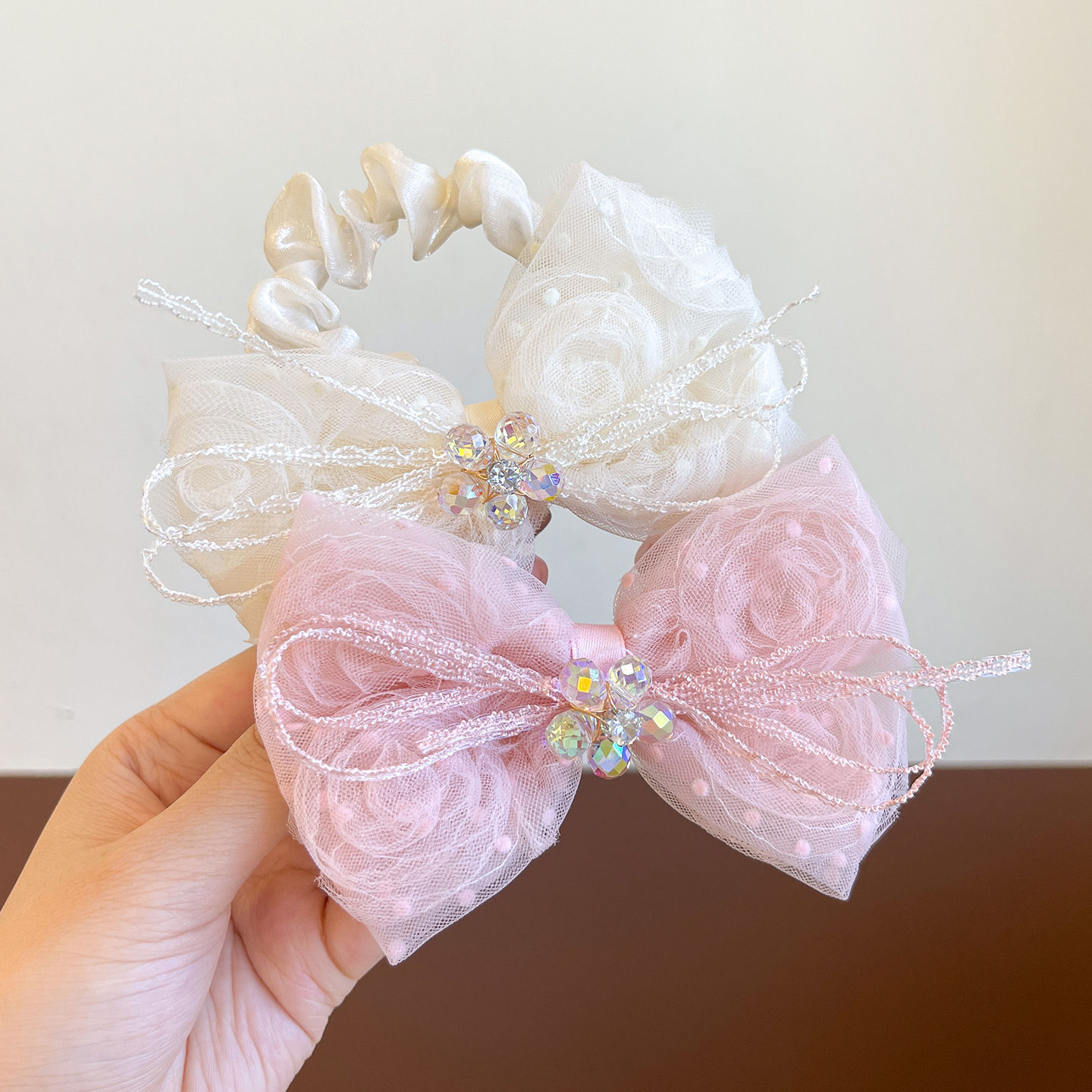 Spring New Style Rhinestone Flower Girl's Ball Head Bow Hair Rope Fairy Rose Mesh Kidsren's Hair Band Headdress