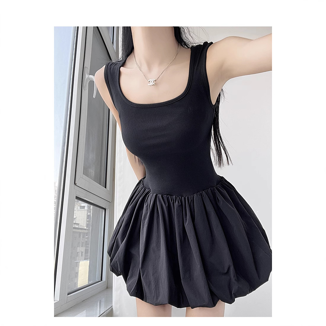 Ballet Style Flower Bud Fluffy Dress, Feminine Sexy Vest Dress, Waist Slimming Look Short Skirt, Hepburn Style Little Black Dress