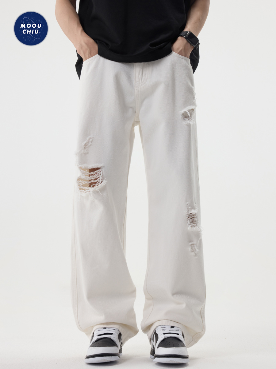 Muqiu Men's Wear | American High Street Style White Ripped Jeans for Men, Vibe Style Loose Straight-Leg Cotton Casual Pants