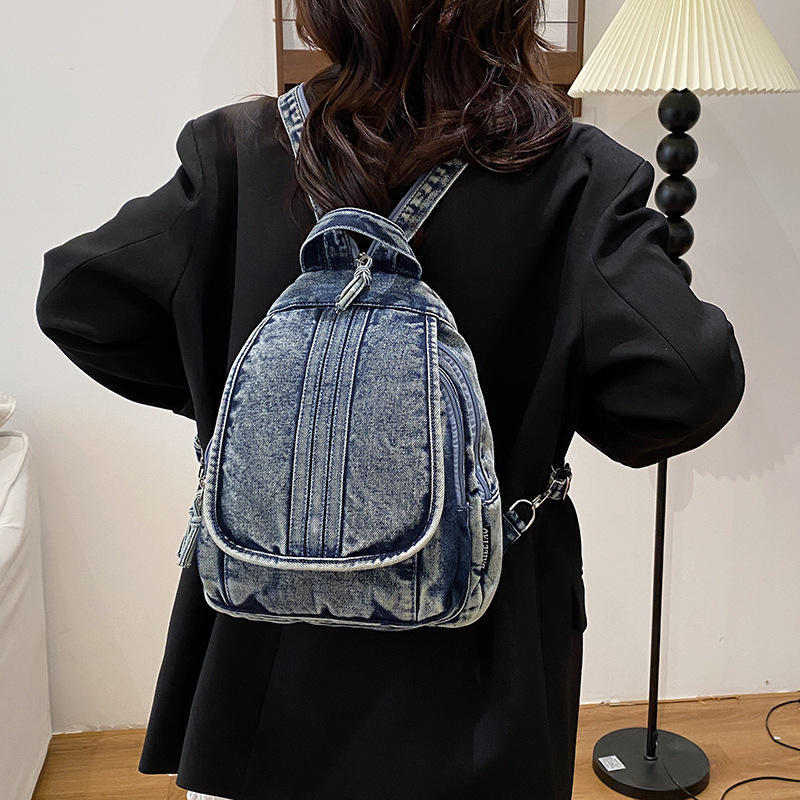 New Washed Distressed Denim Backpack American Retro Backpack Daily Work Commuting Women's Multi-Functional Small Backpack
