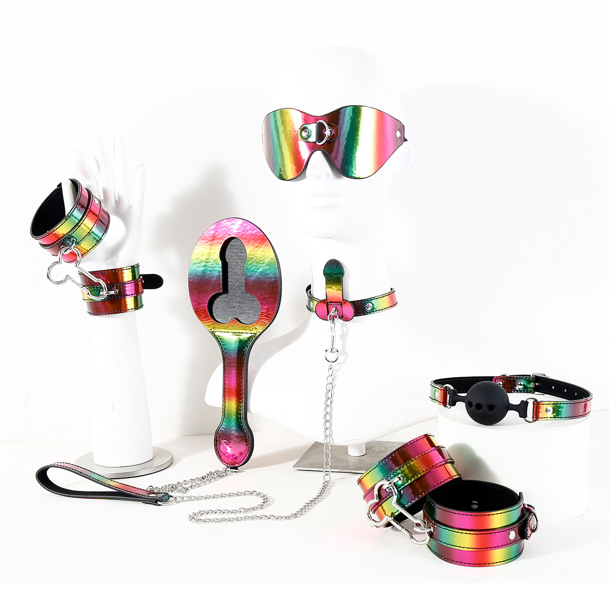New Sm Adult Sex Toys Neon Collar Hand Cuffs Couple Foreplay Sex Training Mouth Gag Leather Whip Wholesale