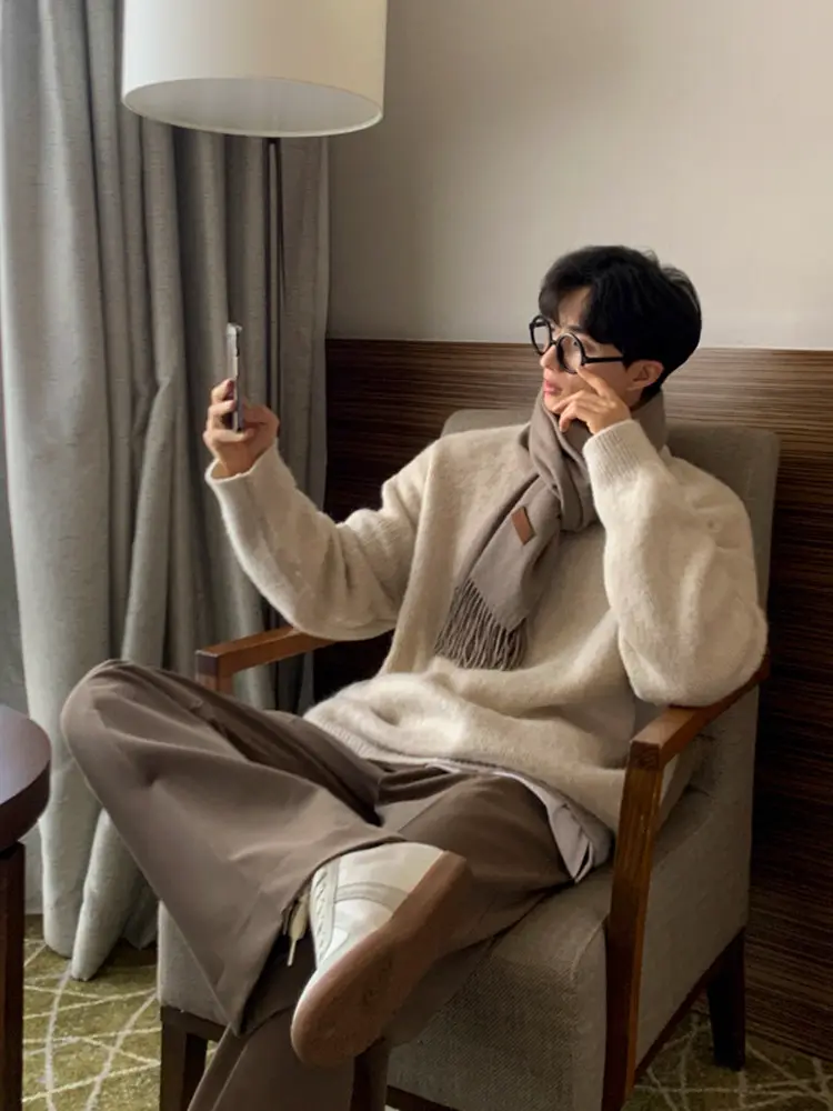 MRCYC solid color lazy style sweater men's winter warm base shirt Korean trend loose pullover knitted sweater