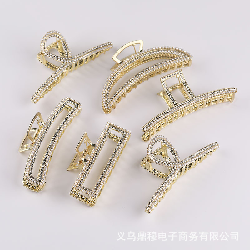 Full diamond large Pearl Rhinestone hairpin light gold girl metal clip shark clip claw clip with diamond back head clip