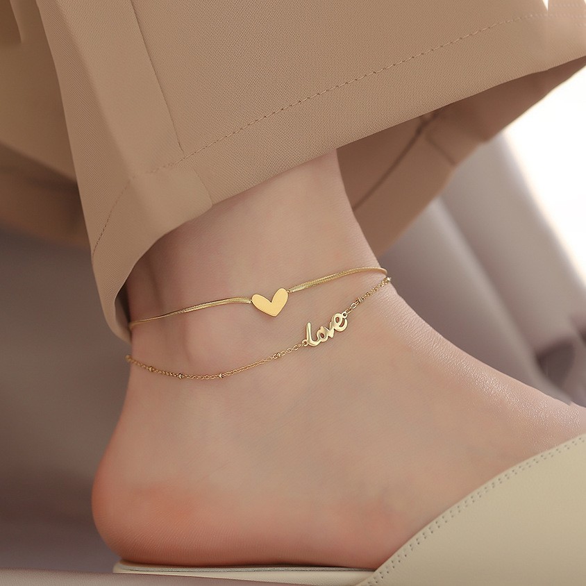 Advanced Anklet Female ins Cyber Popular Love Heart Double-layer Anklet Titanium Steel Color-free Plated 18K Letter Love Anklet