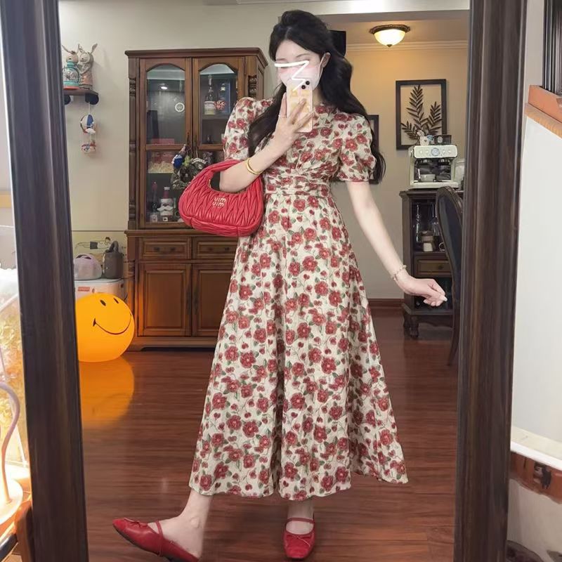 Summer Red Floral dress Children's 2025 New Waist Explosive Long Dress Tea Break French Temperament High-end Sense