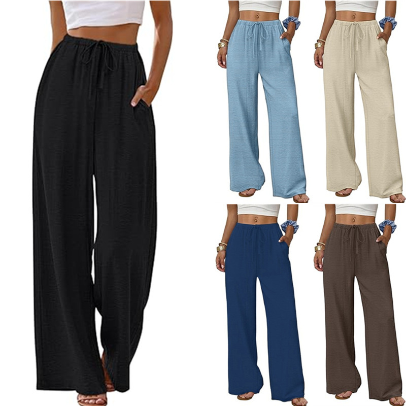 European and American Cross-Border Fashion Casual Solid Color Versatile Elastic Waistband Pocket Beach Wide-Leg Pants Women's Long Pants