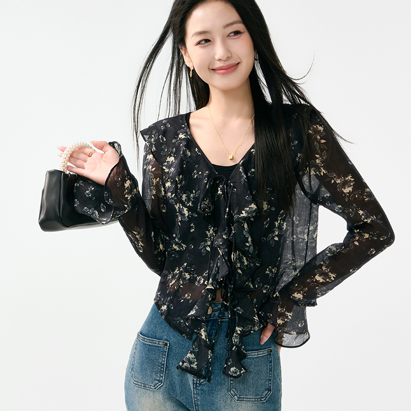 Spring and Summer New Style Lyocell Tencel Retro Style Tie-Up Top for Women, V-Neck Ruffled Long-Sleeve Floral Cardigan