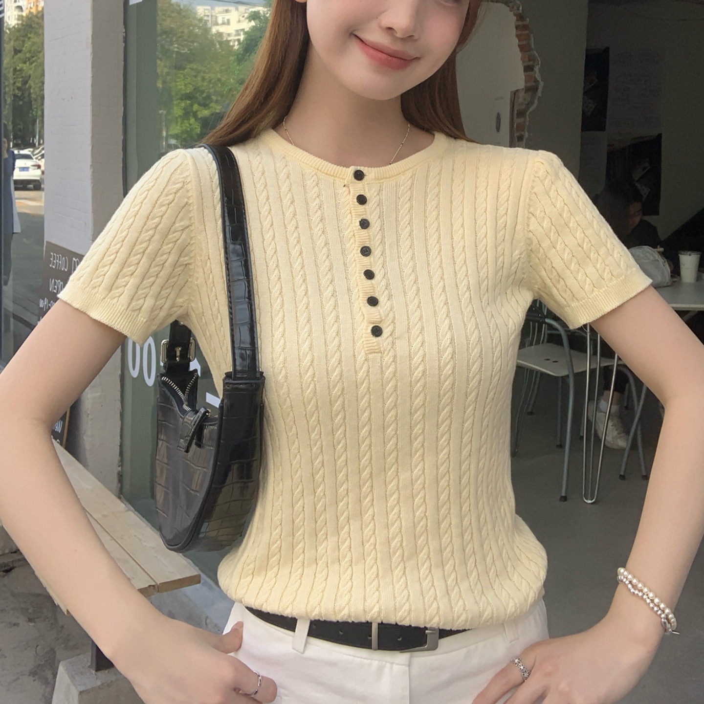 2026 New Twist Series | Half-Open Collar Henry Knit Short-Sleeve T-Shirt for Women, Vintage Slim-Fit Round Neck Top.