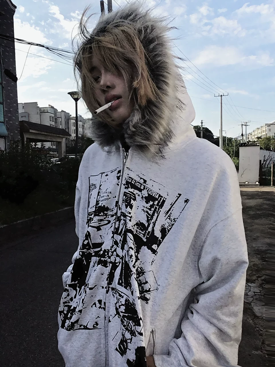 Paiki Rock Band Vintage Print Golden Raccoon Long Fur Collar Slim Fit Hooded Zip-Up Cardigan Sweatshirt Jacket for Men